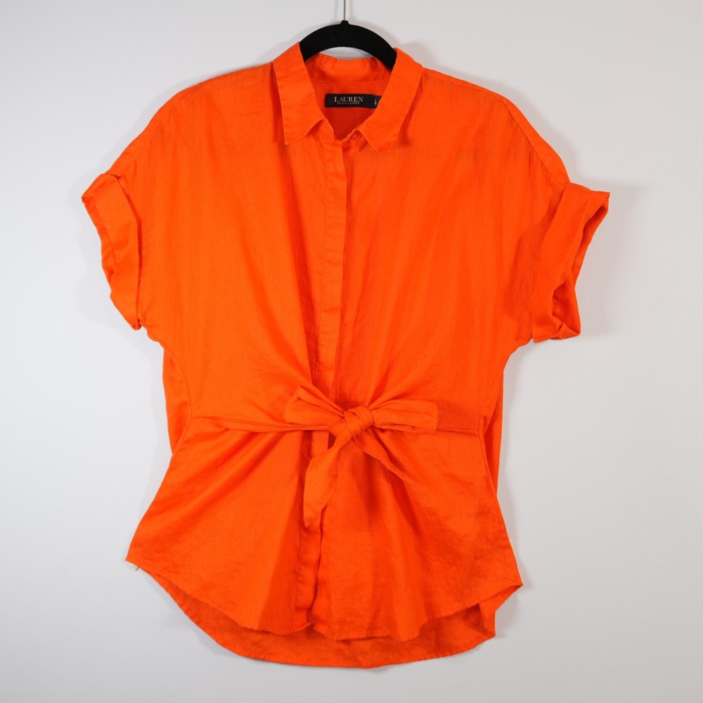 LRL Ralph Lauren 100% Linen Orange Tie Front Button Shirt Coastal Grandma L